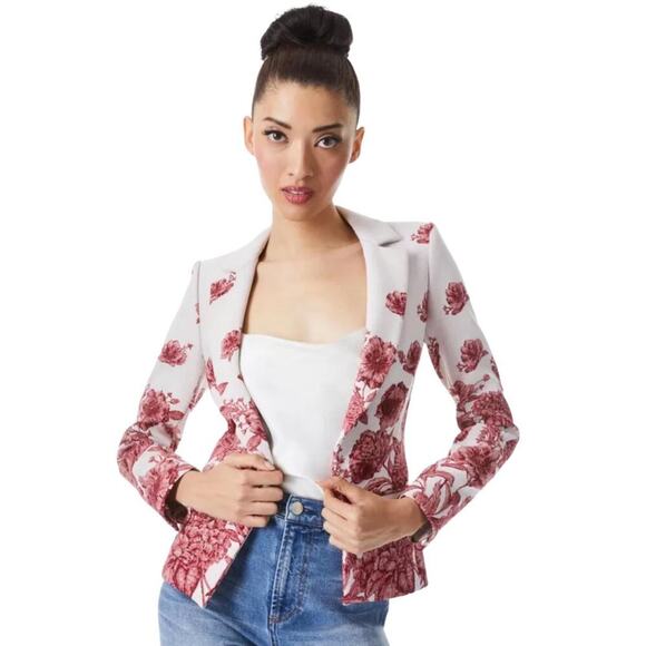 Alice + Olivia Mya Notch Collar Fitted Blazer Off White Multi Red Floral Size 2 - Picture 5 of 16